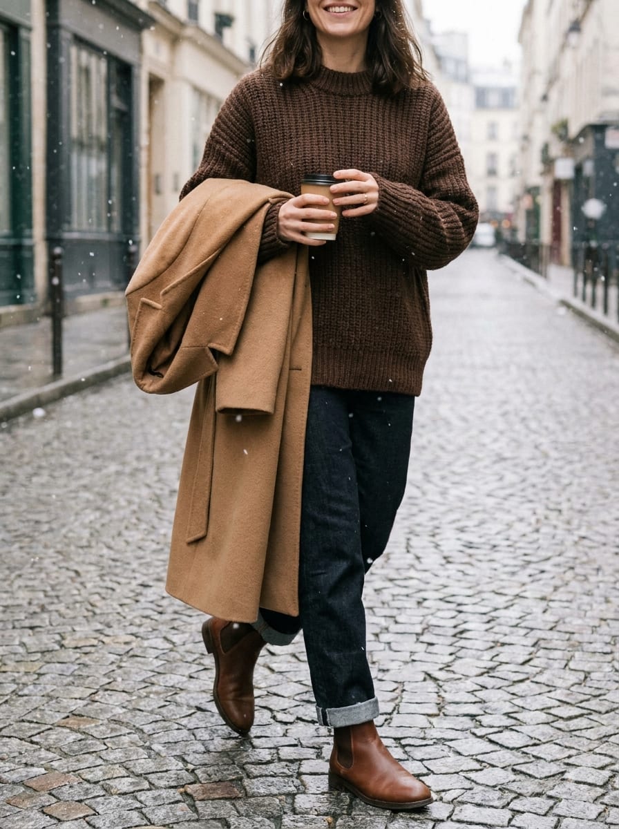 Dunkle Jeans mit Oversized Strickpullover - Winter Outfit Damen 2026